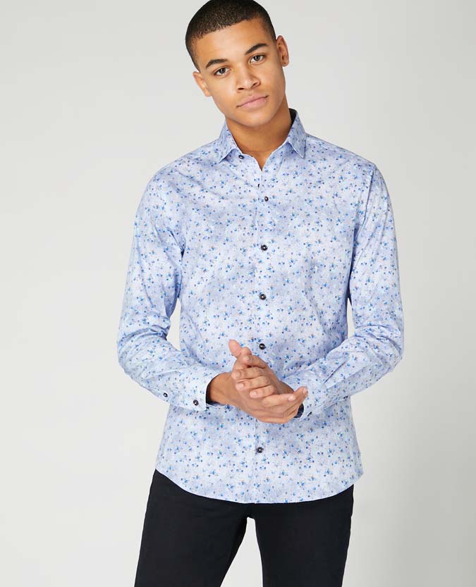Tapered Fit Print Cotton Stretch Shirt