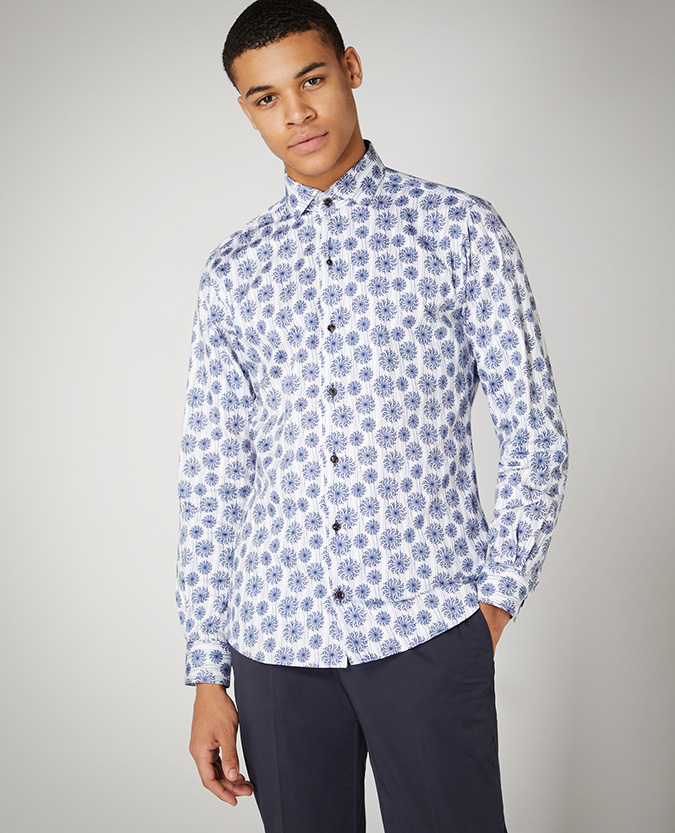 Tapered Fit Print Cotton Stretch Satin Shirt