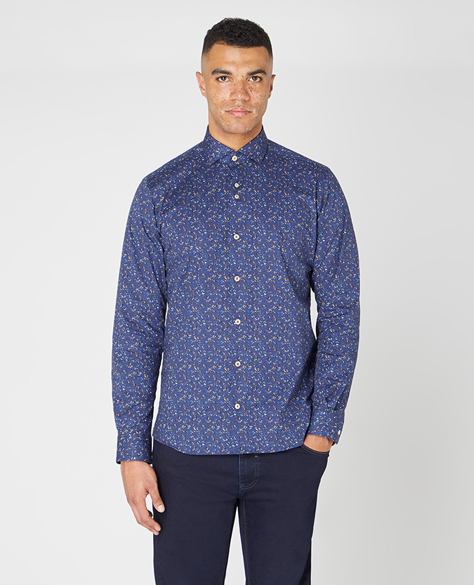 Tapered Fit Print Cotton-Stretch Shirt