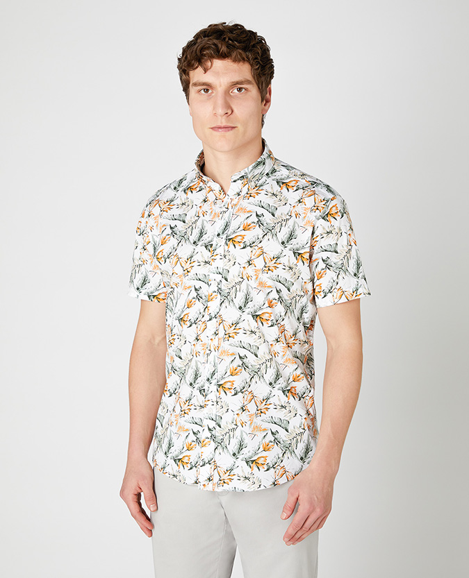 Tapered Fit Print Cotton Stretch Short Sleeve Shirt