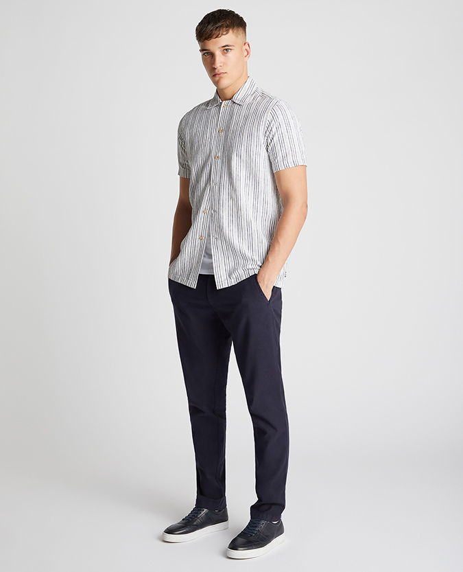 Tapered Fit Striped Cotton-Linen Short Sleeve Shirt