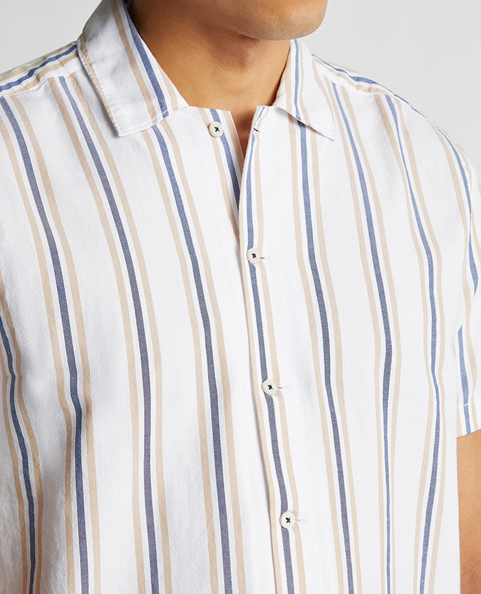 Tapered Fit Cotton Short Sleeve Stripe Shirt