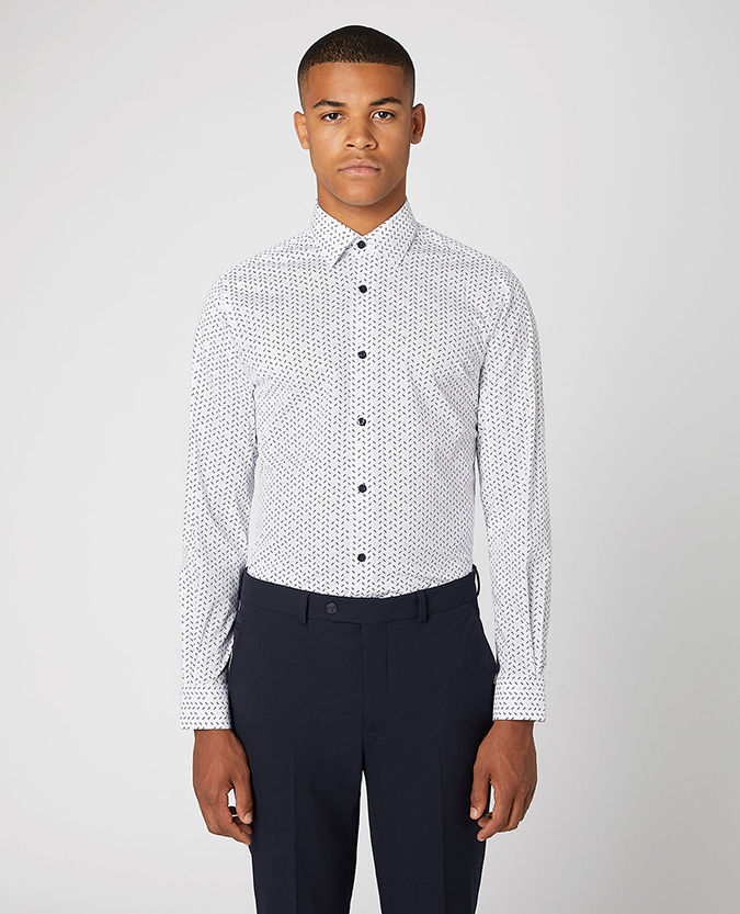 Tapered Fit Print Cotton-Blend Stretch Shirt