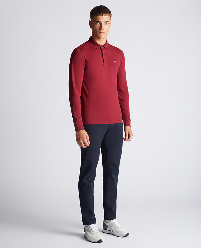 Tapered Fit Cotton-Stretch Long-Sleeve Polo Shirt