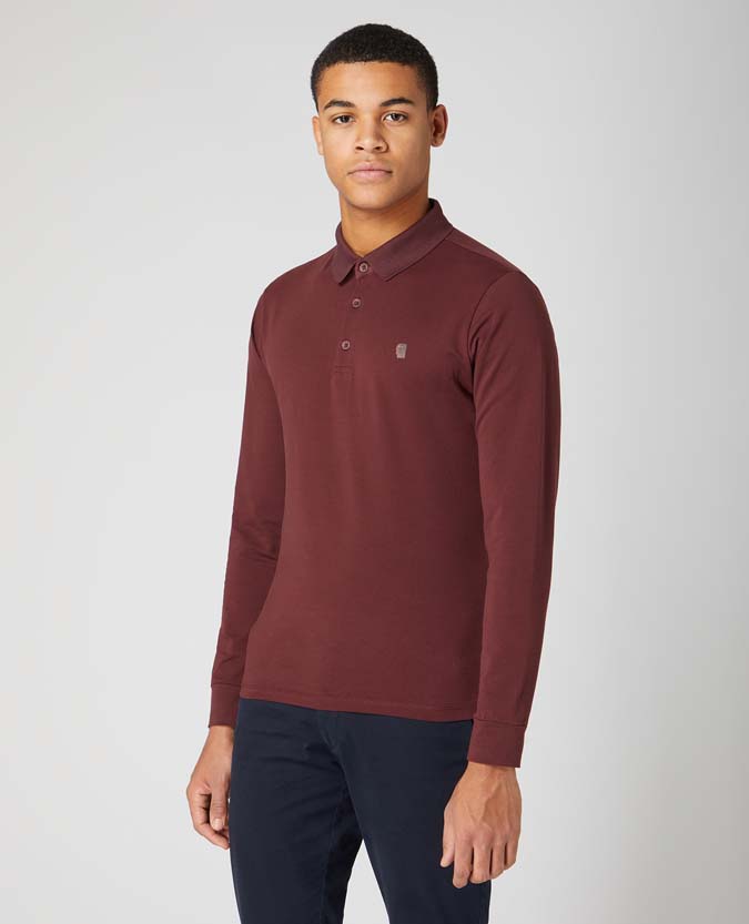 Tapered Fit Cotton-Stretch Long-sleeve Polo Shirt