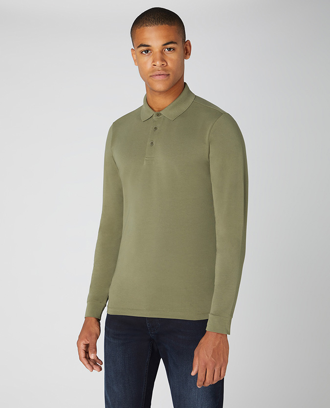 Tapered Fit Cotton-Stretch Long-sleeve Polo Shirt