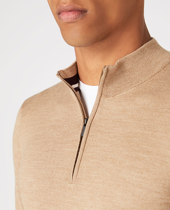 Tapered fit merino wool-acrylic half zip long sleeve