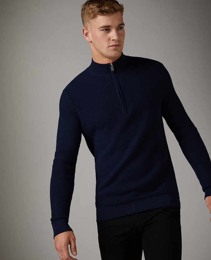 Tapered Fit Cotton-Rich Half Zip Sweater