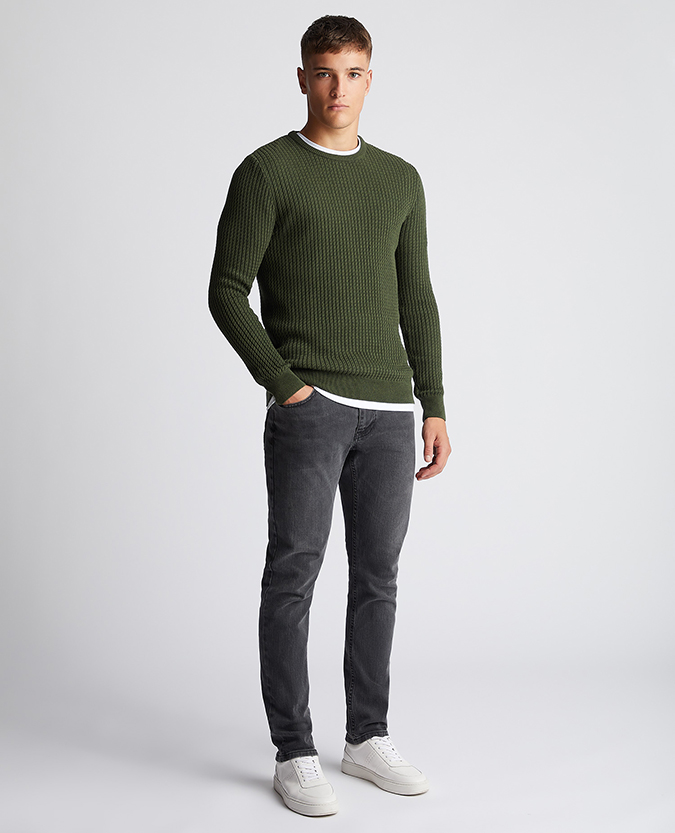 Tapered Fit Cotton Crew Neck Long Sleeve
