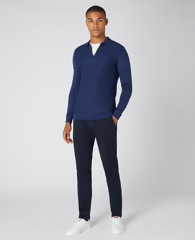 Slim Fit Merino Wool-Blend Long Sleeve Knitted Polo