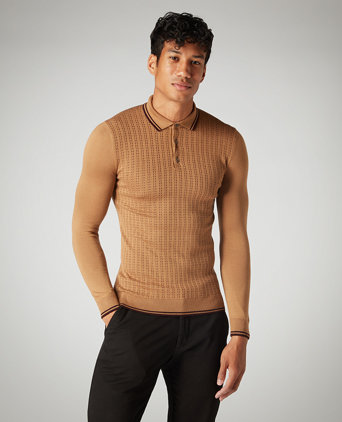 Slim Fit Merino Wool-Blend Long Sleeve Polo Shirt
