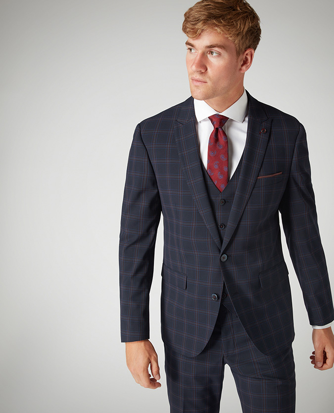 Tapered Fit Checked Stretch 3 Piece Suit