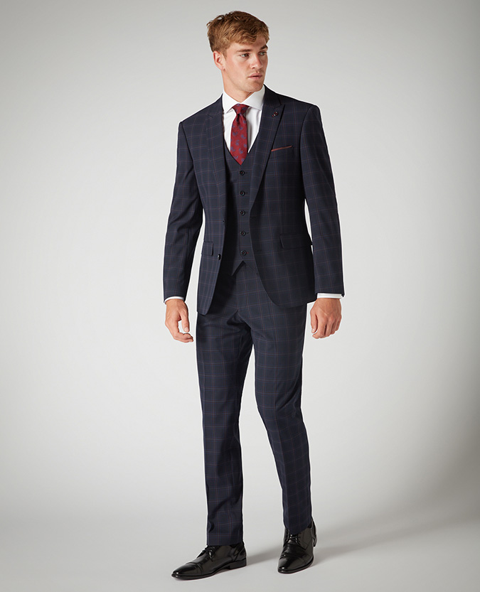 Tapered Fit Checked Stretch 3 Piece Suit