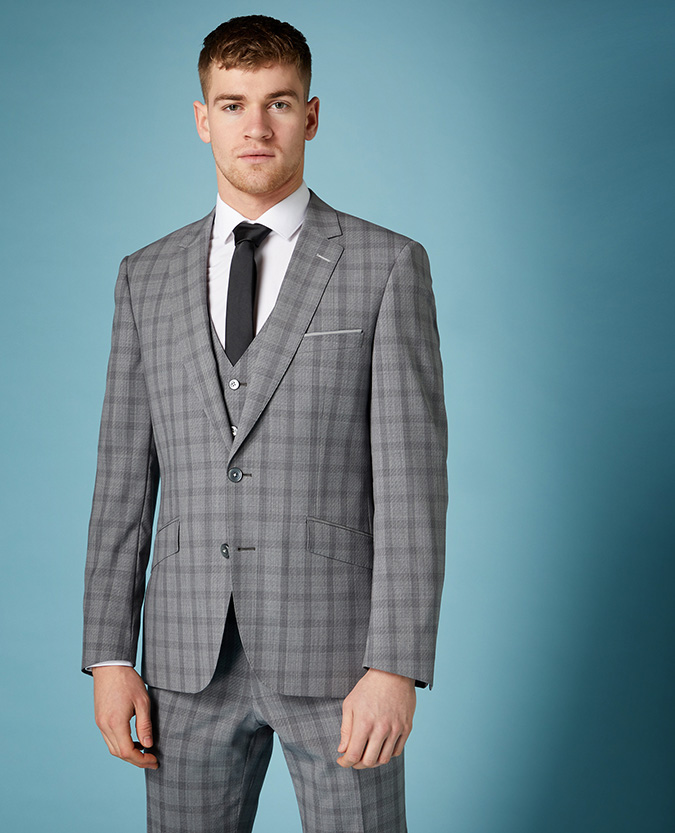 Tapered fit checked wool blend stretch mix and match suit jacket