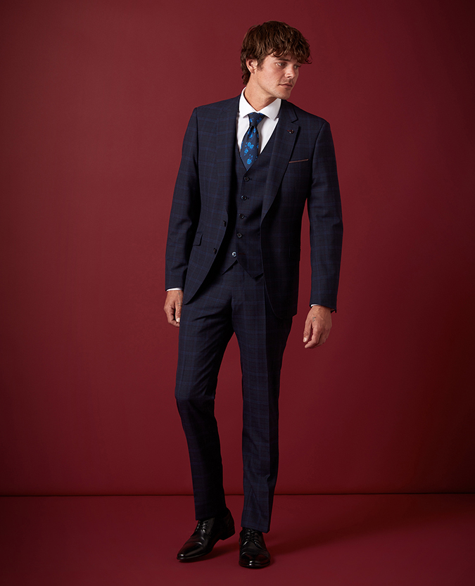 Tapered Fit Checked Wool Rich Mix and Match Suit