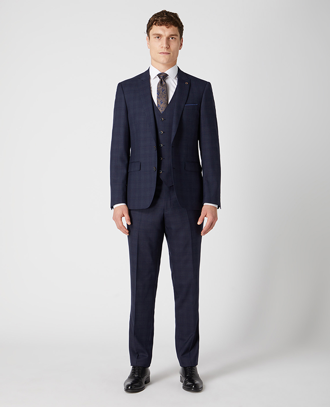 Tapered Fit Checked Wool Rich Mix And Match Suit